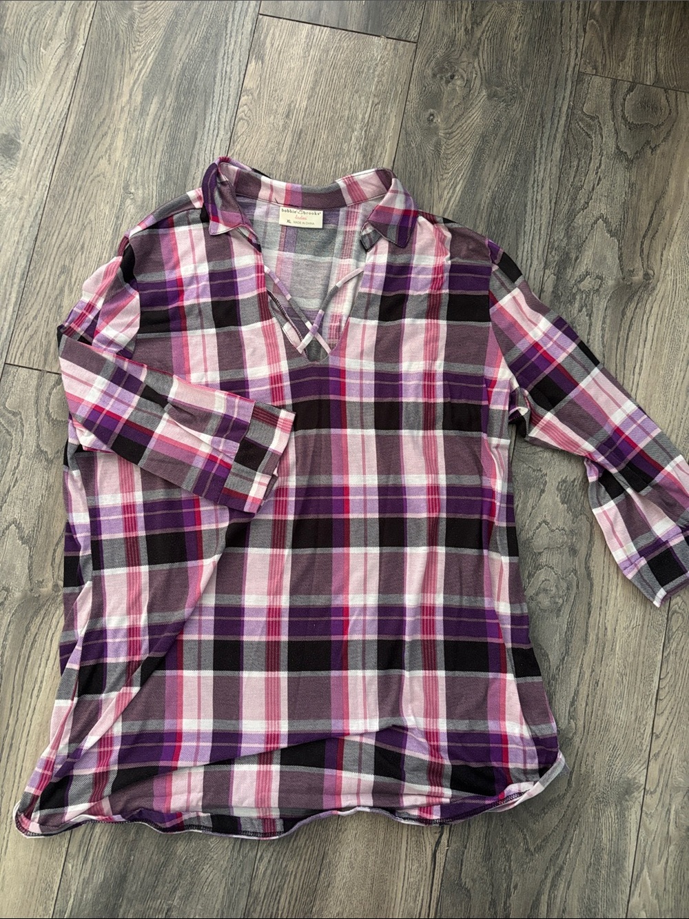 Bobbie Brooks Pink and Purple Plaid V-Neck Tunic